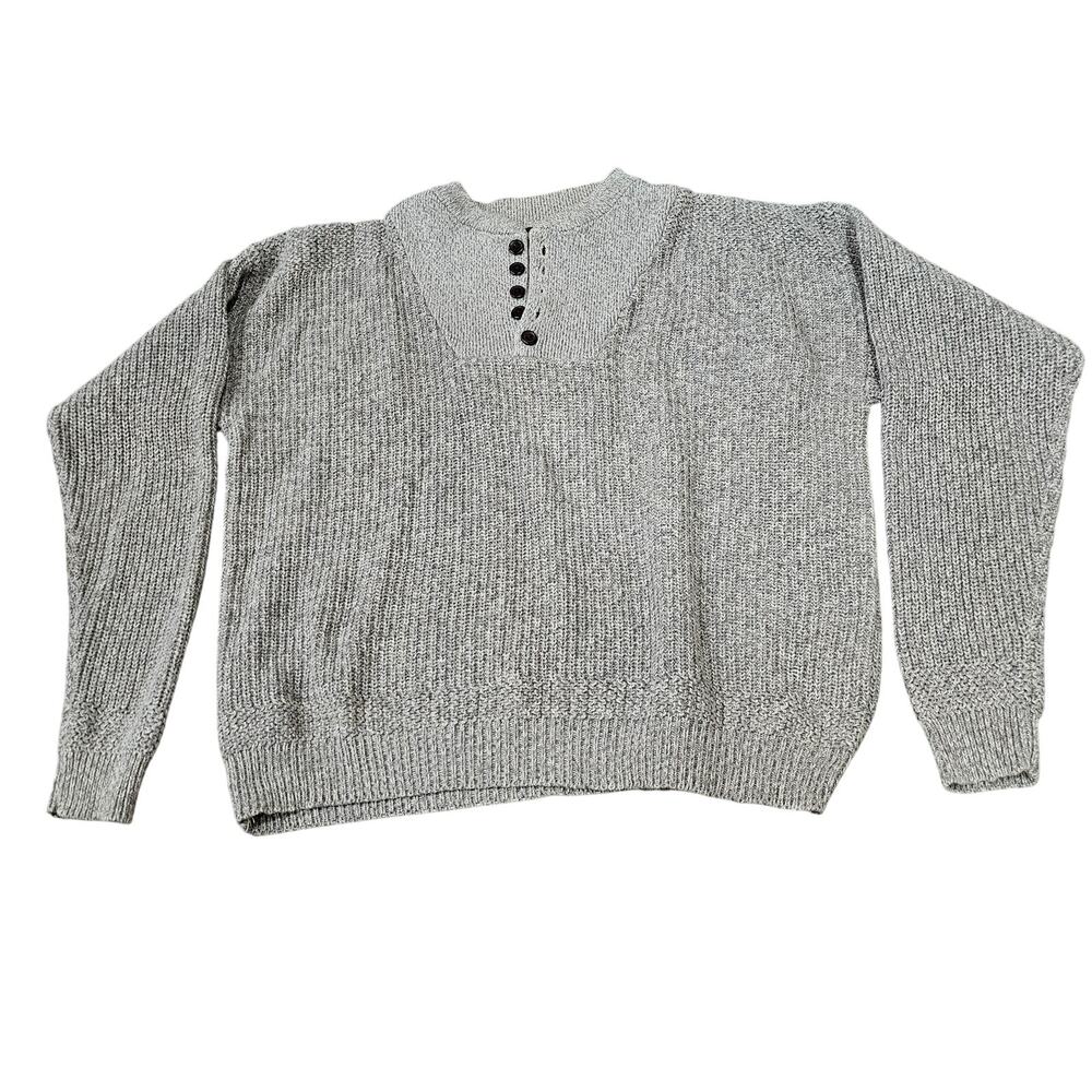 Vintage 90s Club Room Henley Sweater M Gray Buttons Heavy Knit 100% Cotton